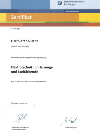 Elektrotechnik IHK-Fortbildungszertifikat - Kompetenzen HSS Fachbetrieb Dicent Haustechnik aus Rottenburg für Heizung Sanitär und Service