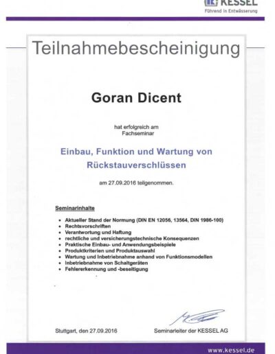Fachseminar Teilnahmebestätigung Goran Dicent bei Kessel Entwässerung - Qualifikationen und Kompetenzen HSS Fachbetrieb Rottenburg