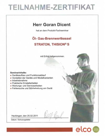 Fortbildung für Öl-Gas-Brennwertkessel bei elco - Zertifikat und Kompetenzen Haustechniker Goran Dicent