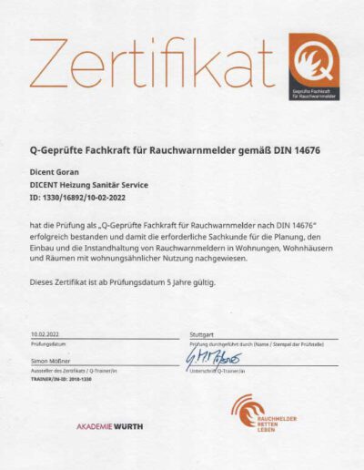 Q-geprüfte Fachkraft für Rauchwarnmelder nach DIN 14676- Qualifikation Goran Dicent Haustechnik HSS Fachbetrieb aus Rottenburg