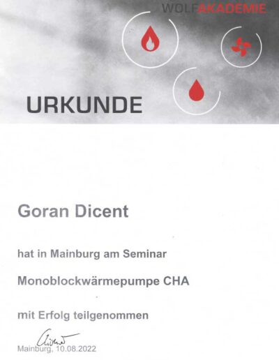 Referenzen und Qualifikationen Goran Dicent - hier Urkunde für Spezialisierung Monoblockwärmepumpa CHA von Wolf