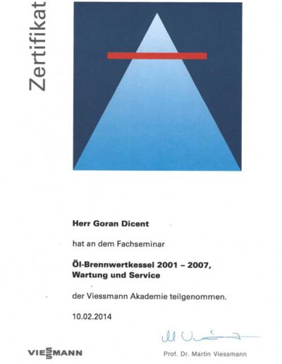Zertifikat für Haustechniker Goran Dicent aus Rottenburg von Viessmann für Öl-Brennwertkessel Wartung und Service